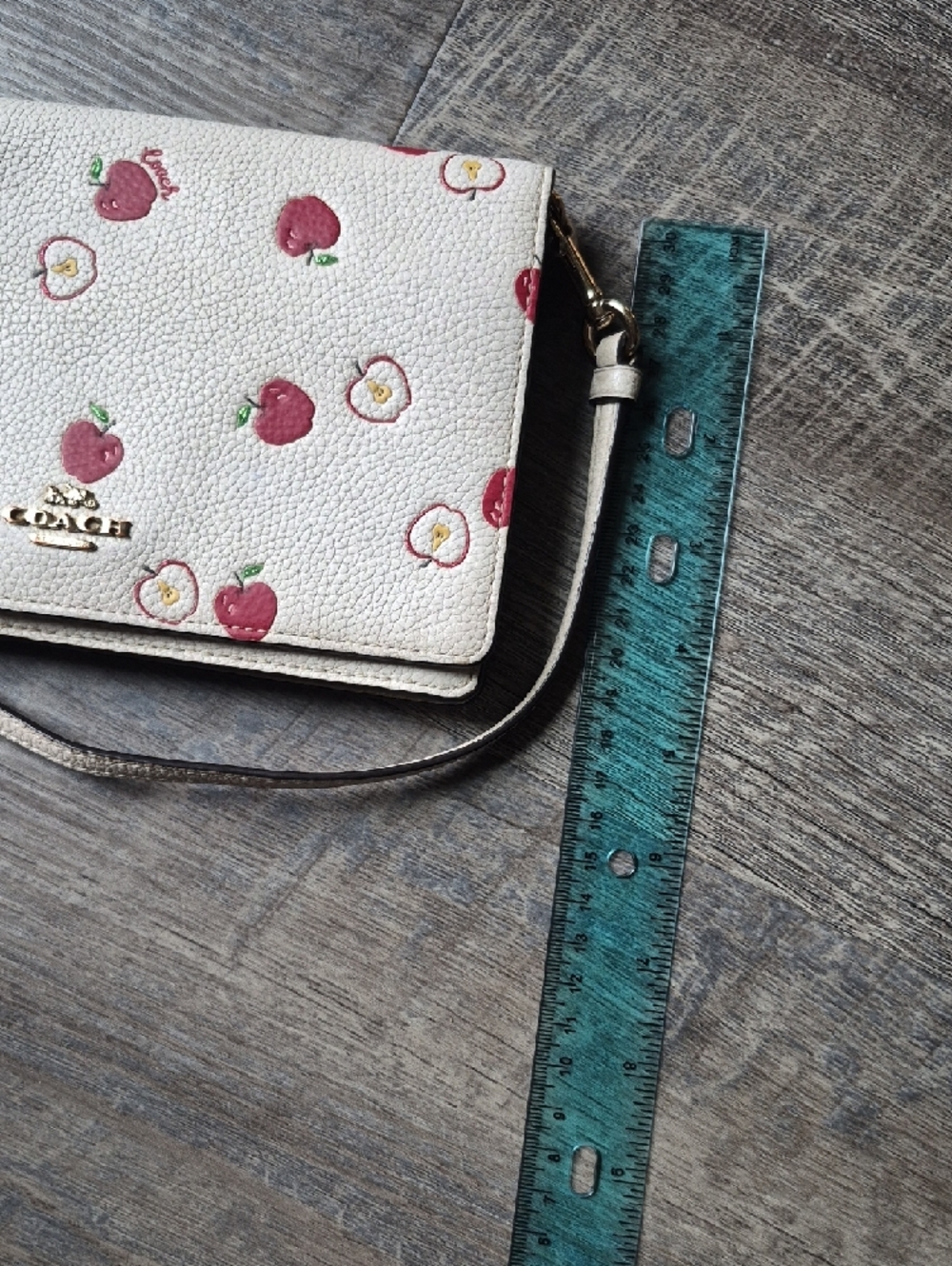Coach Anna Foldover Clutch Crossbody Bag in a white color with a red apple print - Picture 14 of 16